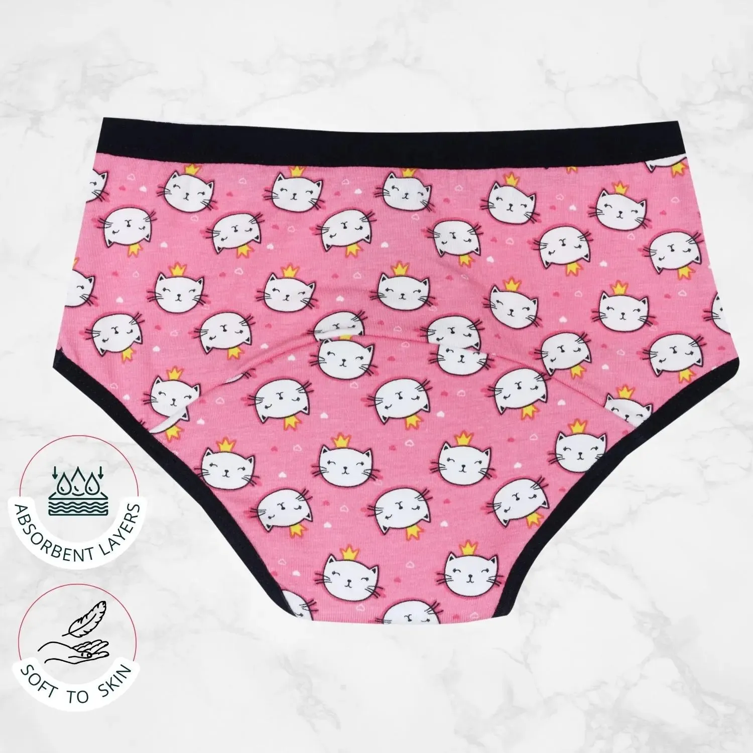 LEAKPROOF & REUSABLE PERIOD UNDERWEAR | BLUE & PINK CAT PRINT | ANTIMICROBIAL LINING | NO PAD NEEDED