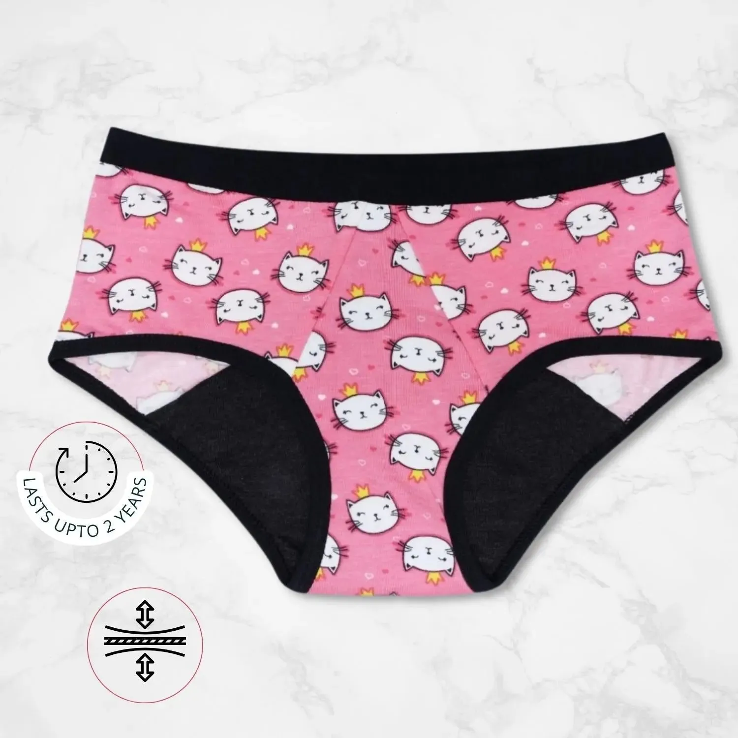 LEAKPROOF & REUSABLE PERIOD UNDERWEAR | BLUE & PINK CAT PRINT | ANTIMICROBIAL LINING | NO PAD NEEDED