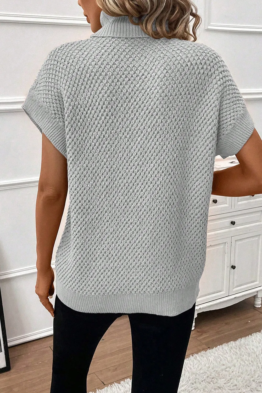 Light Grey Ribbed Turtleneck Textured Short Sleeve Sweater