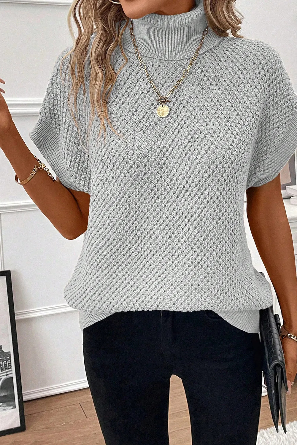 Light Grey Ribbed Turtleneck Textured Short Sleeve Sweater