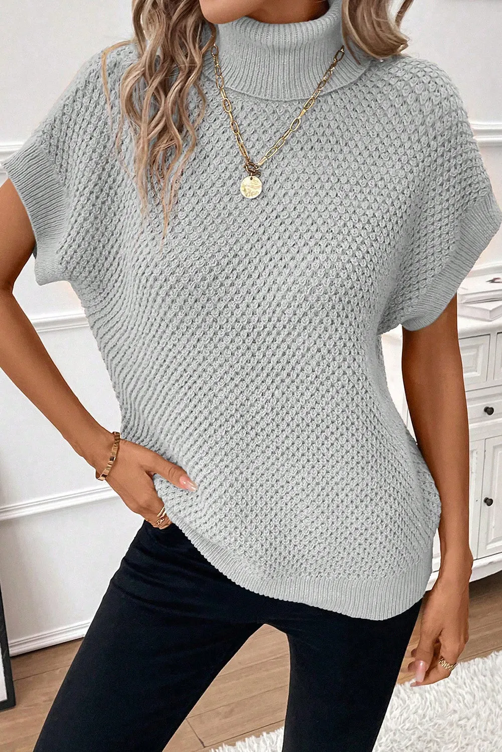 Light Grey Ribbed Turtleneck Textured Short Sleeve Sweater