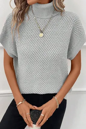 Light Grey Ribbed Turtleneck Textured Short Sleeve Sweater