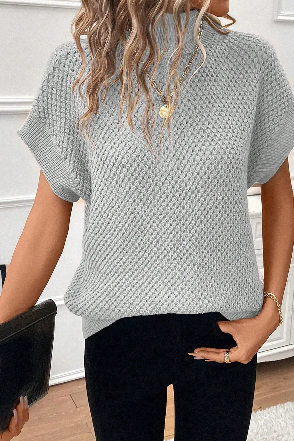 Light Grey Ribbed Turtleneck Textured Short Sleeve Sweater