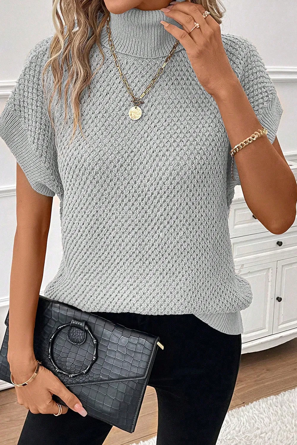 Light Grey Ribbed Turtleneck Textured Short Sleeve Sweater
