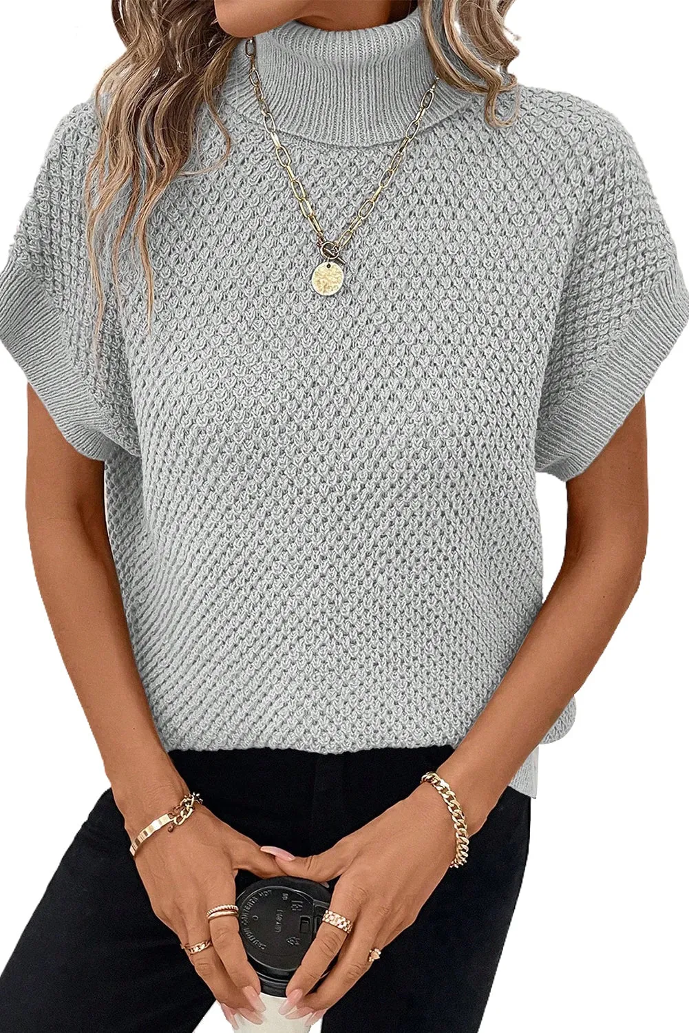Light Grey Ribbed Turtleneck Textured Short Sleeve Sweater