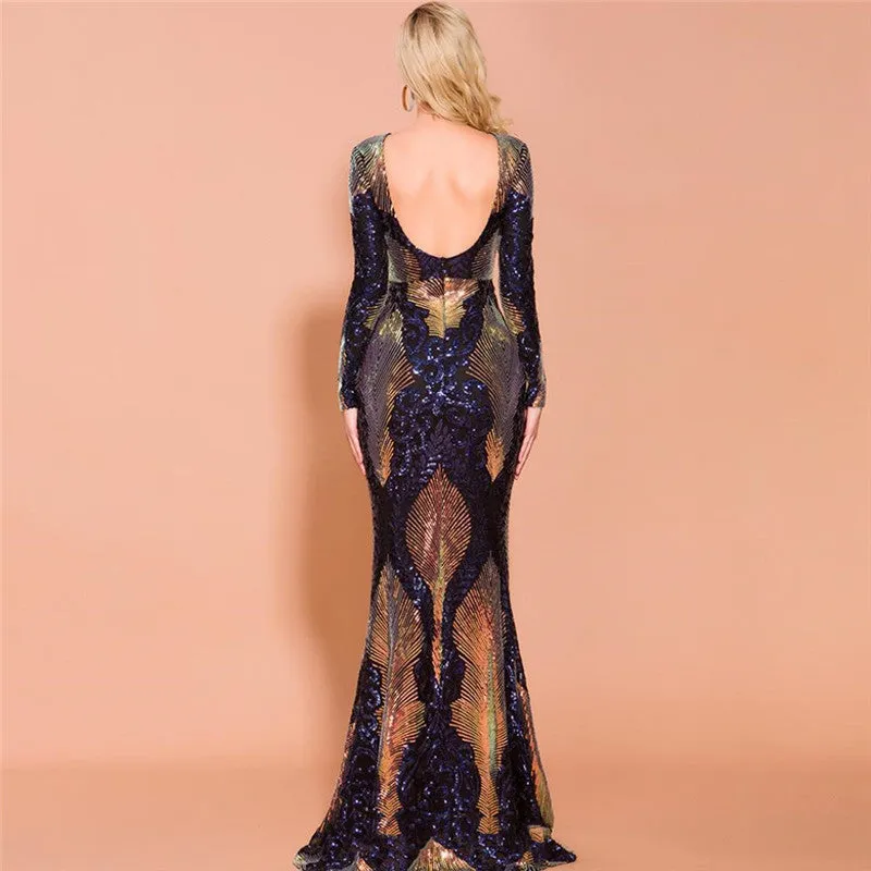 Long Sleeve Backless Sequin Dresses Female Maxi Multi Dress