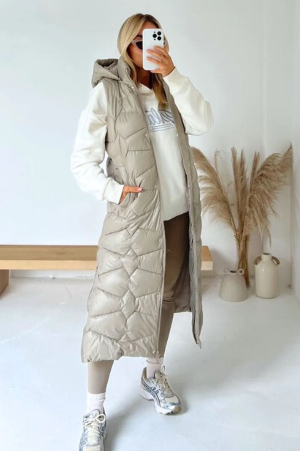 Maria beige geometric puffer gilet