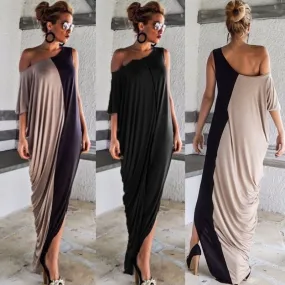 Maxi Round Neck Short Sleeve Loose Stitching Fashion Dress Long Skirt