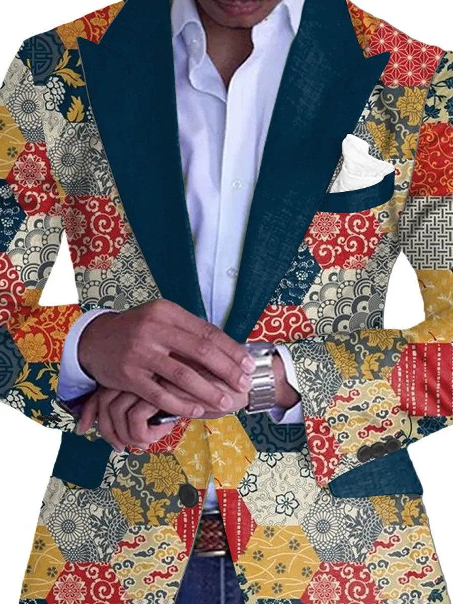Men's Retro Ethnic Style Geometric Floral Print Single-Breasted Casual Blazer