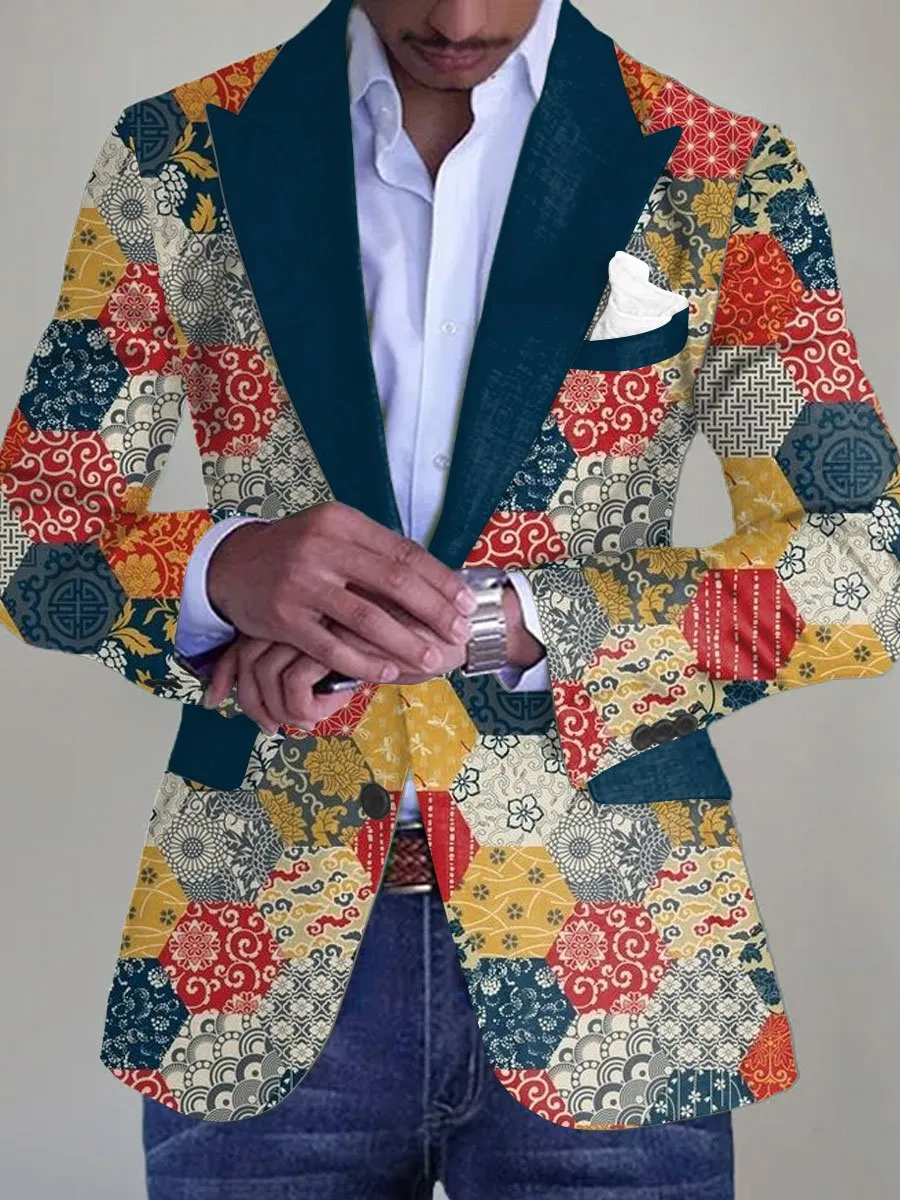 Men's Retro Ethnic Style Geometric Floral Print Single-Breasted Casual Blazer