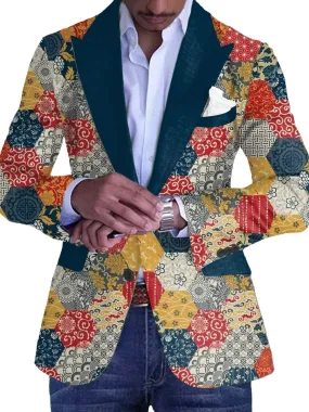 Men's Retro Ethnic Style Geometric Floral Print Single-Breasted Casual Blazer