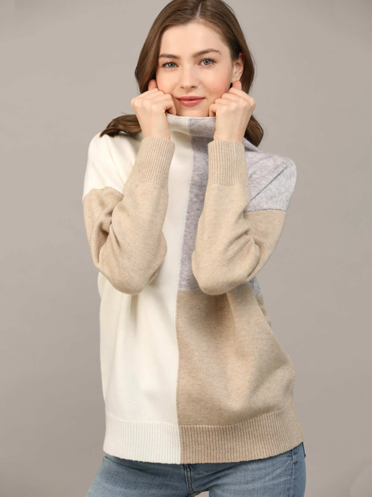 Mock Neck Neutral Color Block Sweater
