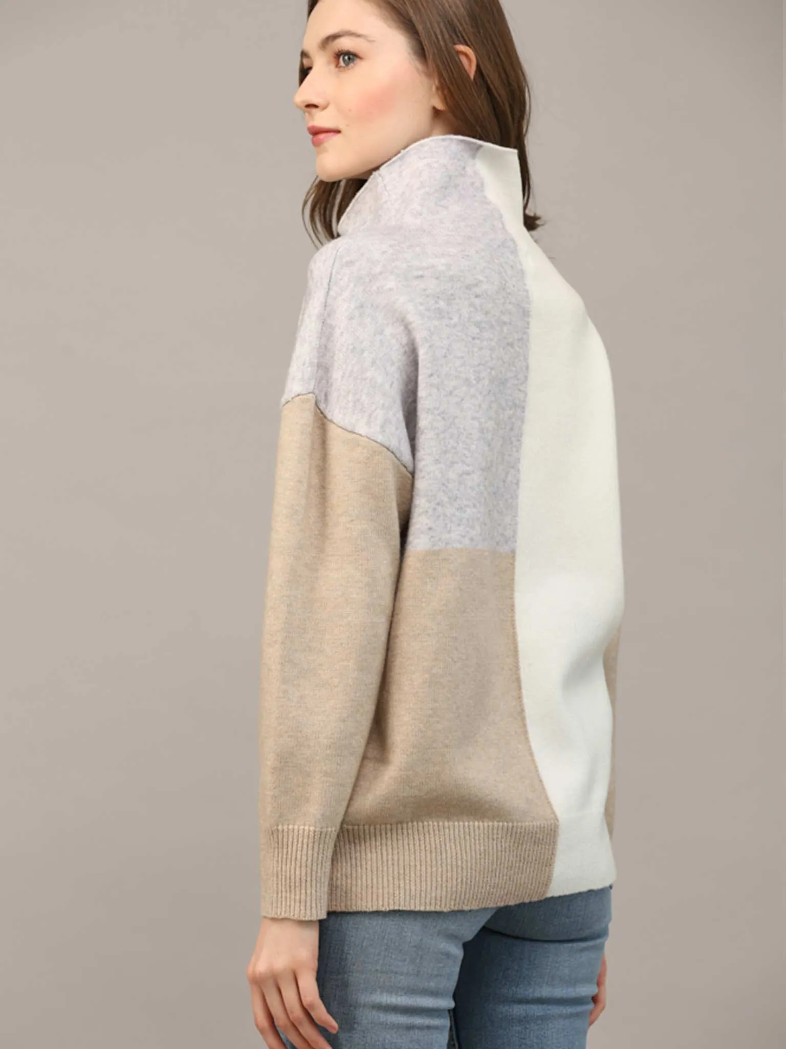 Mock Neck Neutral Color Block Sweater