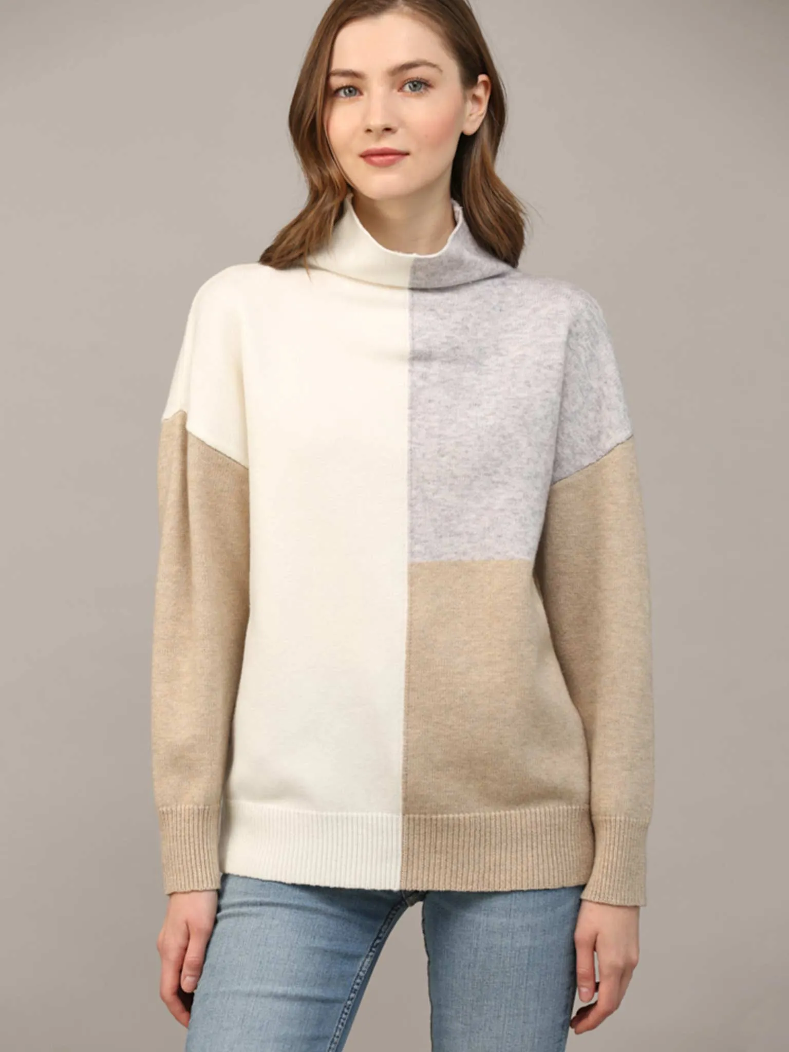 Mock Neck Neutral Color Block Sweater