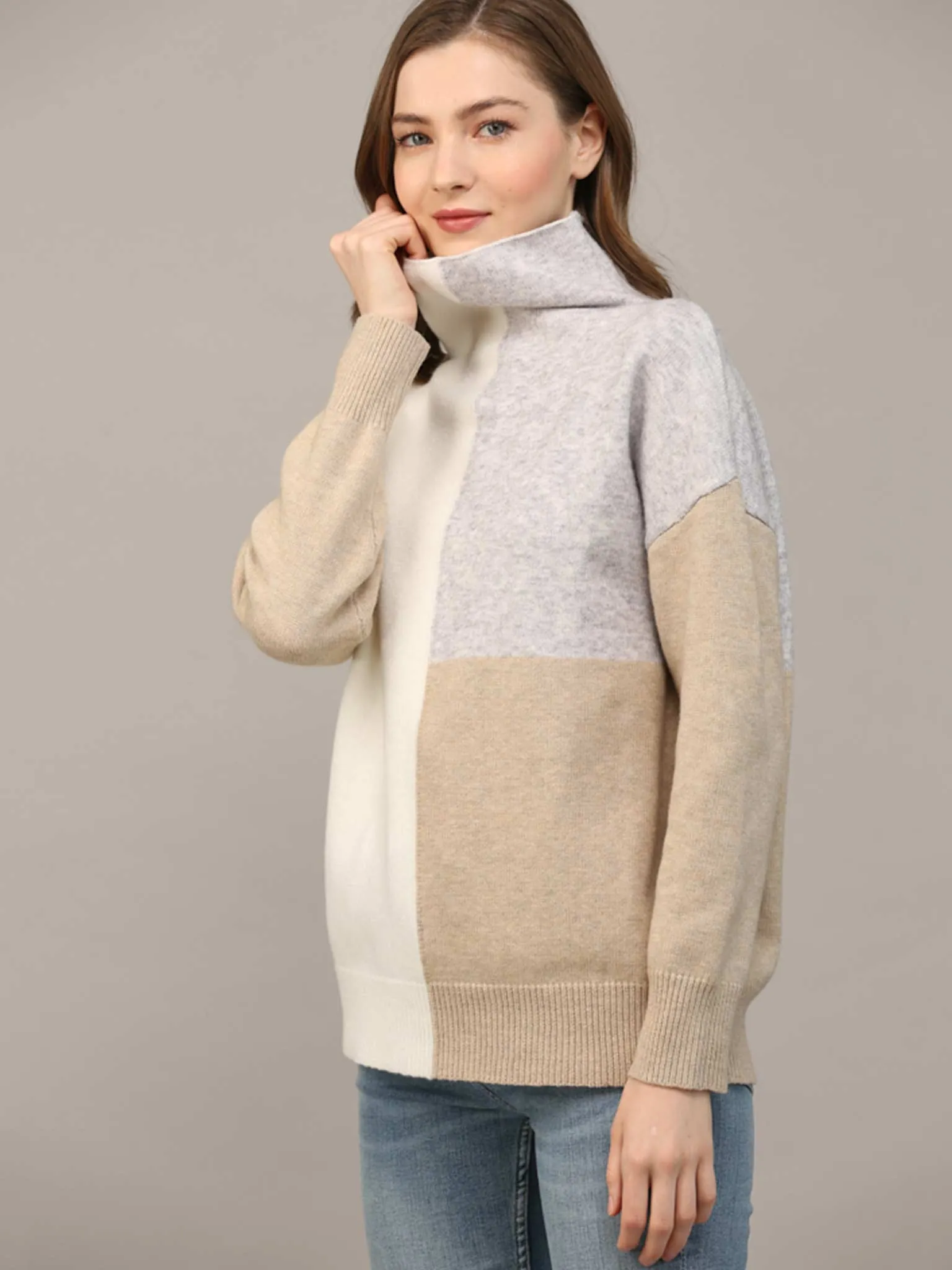 Mock Neck Neutral Color Block Sweater