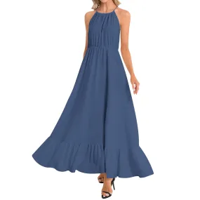 Morning Glory Blue Ruffle Hem Halter Neck Maxi Dress
