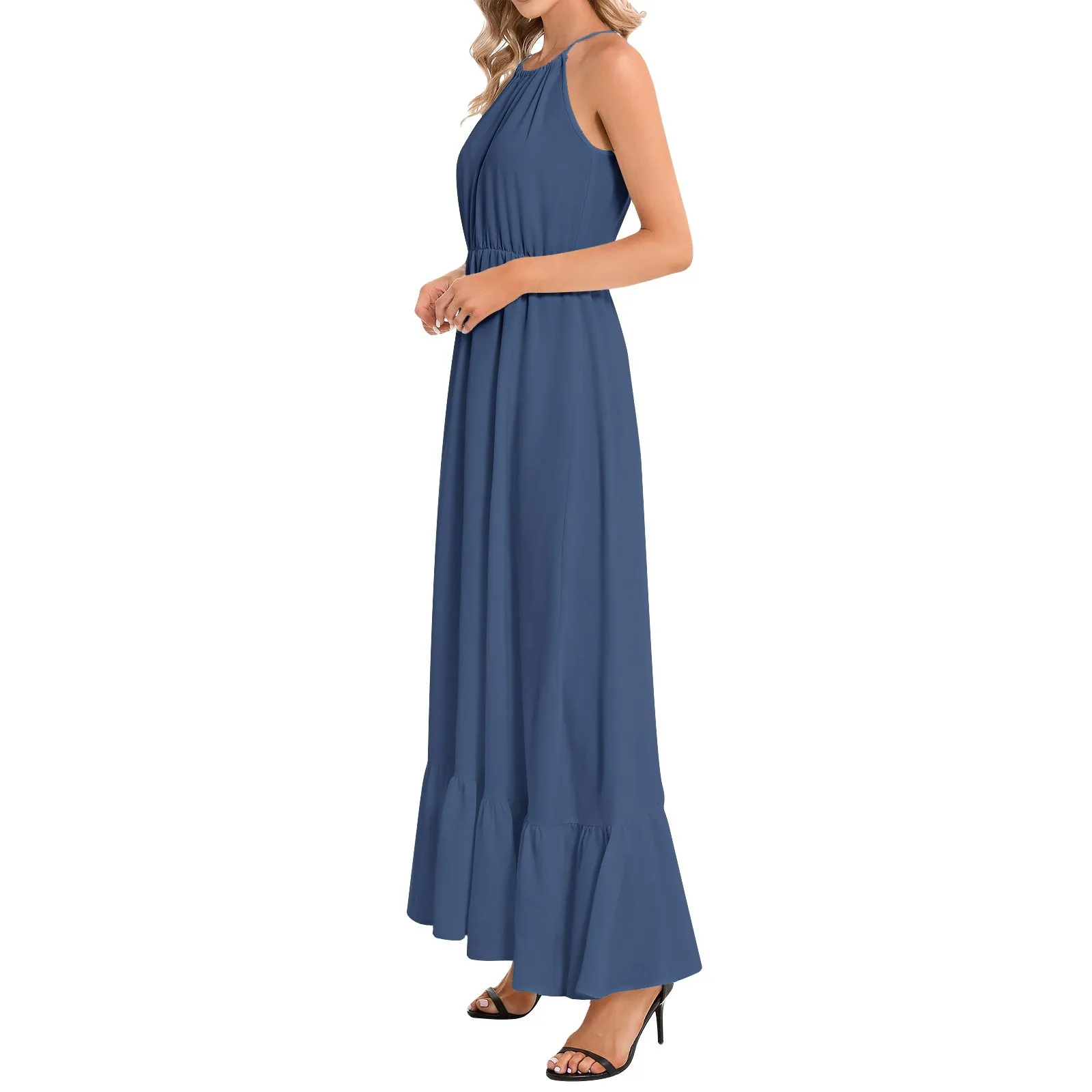 Morning Glory Blue Ruffle Hem Halter Neck Maxi Dress