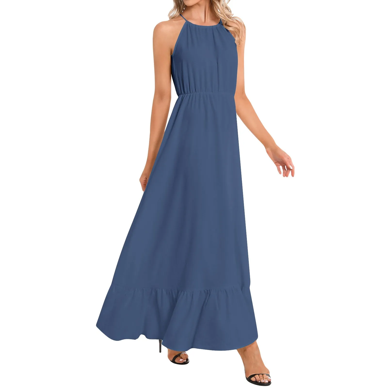 Morning Glory Blue Ruffle Hem Halter Neck Maxi Dress