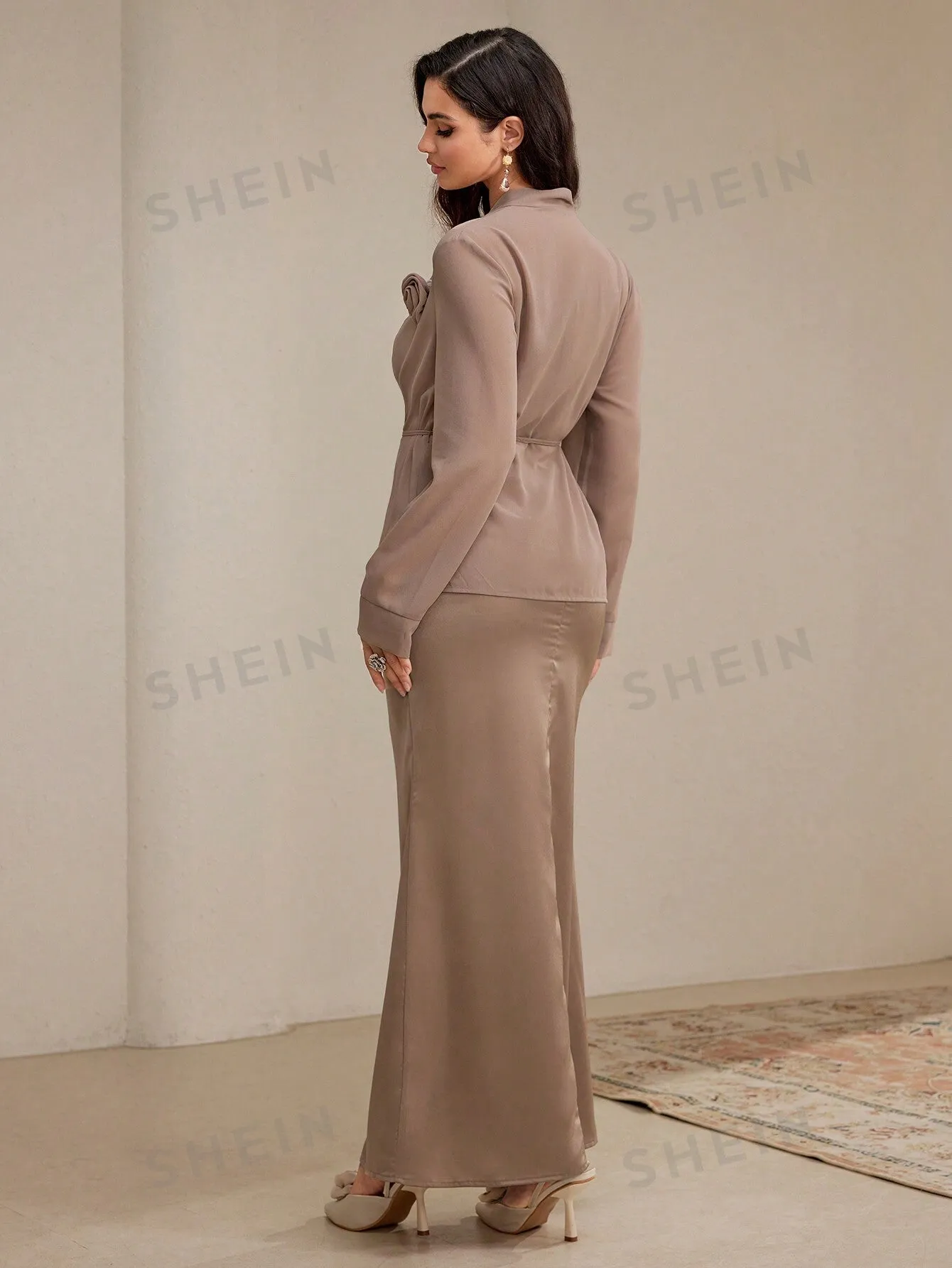 Mulvari 2pcs Women Elegant Set: Solid Color Applique Waist Belt Cardigan & Sleeveless Midi Dress