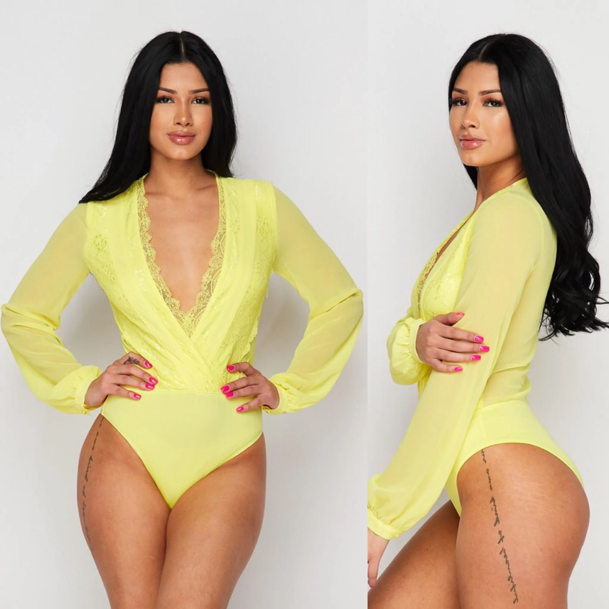 NAOMI Lace & Chiffon Bodysuit in lime YELLOW