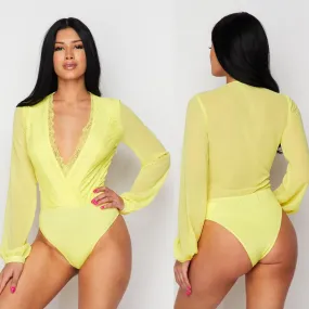 NAOMI Lace & Chiffon Bodysuit in lime YELLOW