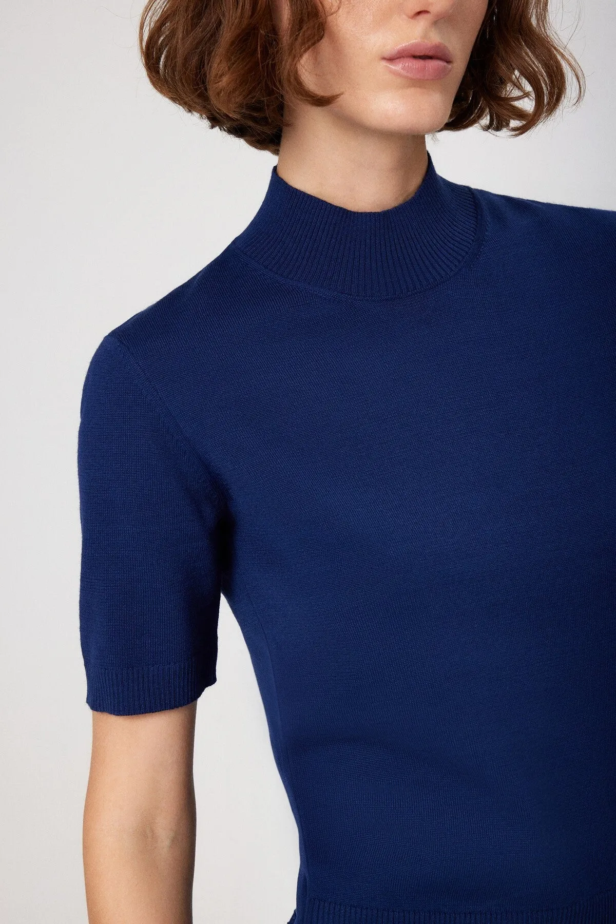 Navy Blue Half Turtleneck Wool Blend Sweater