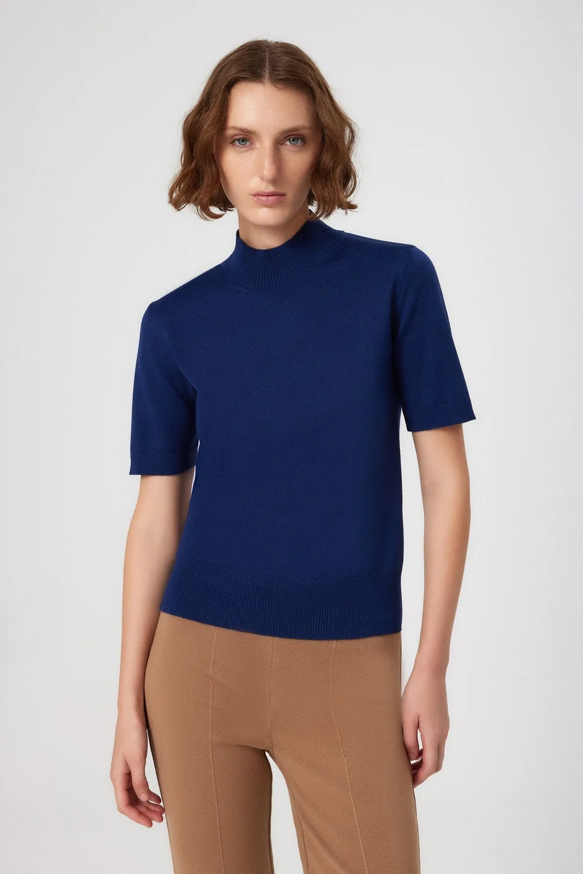 Navy Blue Half Turtleneck Wool Blend Sweater
