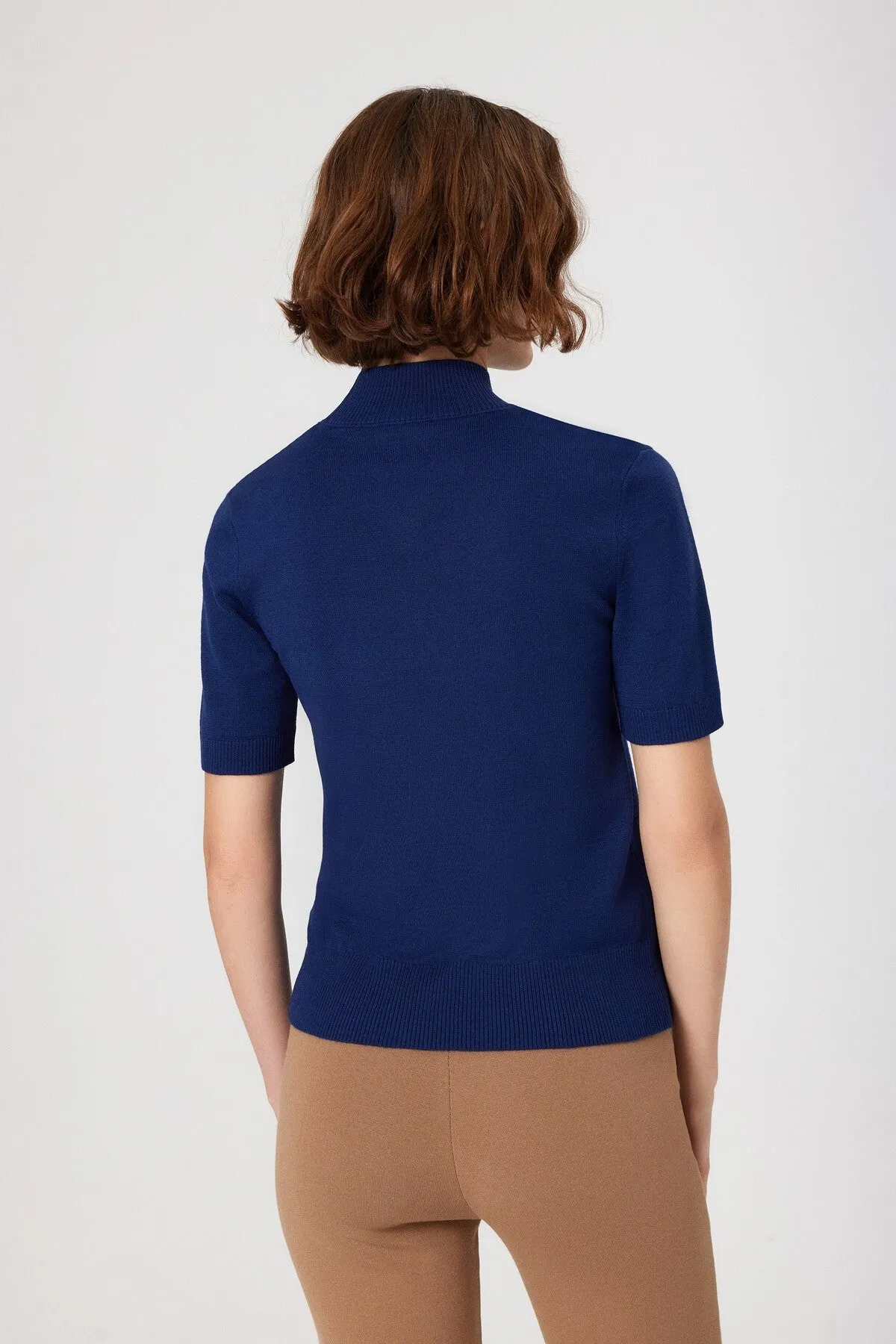 Navy Blue Half Turtleneck Wool Blend Sweater