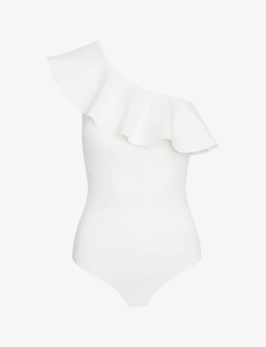 Neoprene One-Shoulder Ruffle Bodysuit in White