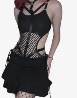 Nightshade Matrix Bodysuit - AltGoth Gothic Sexy Fishnet Jumpsuit Women Harajuku Streetwear Mall Goth See Through Bodysuit Nightclub Hollow Out Emo Rompers