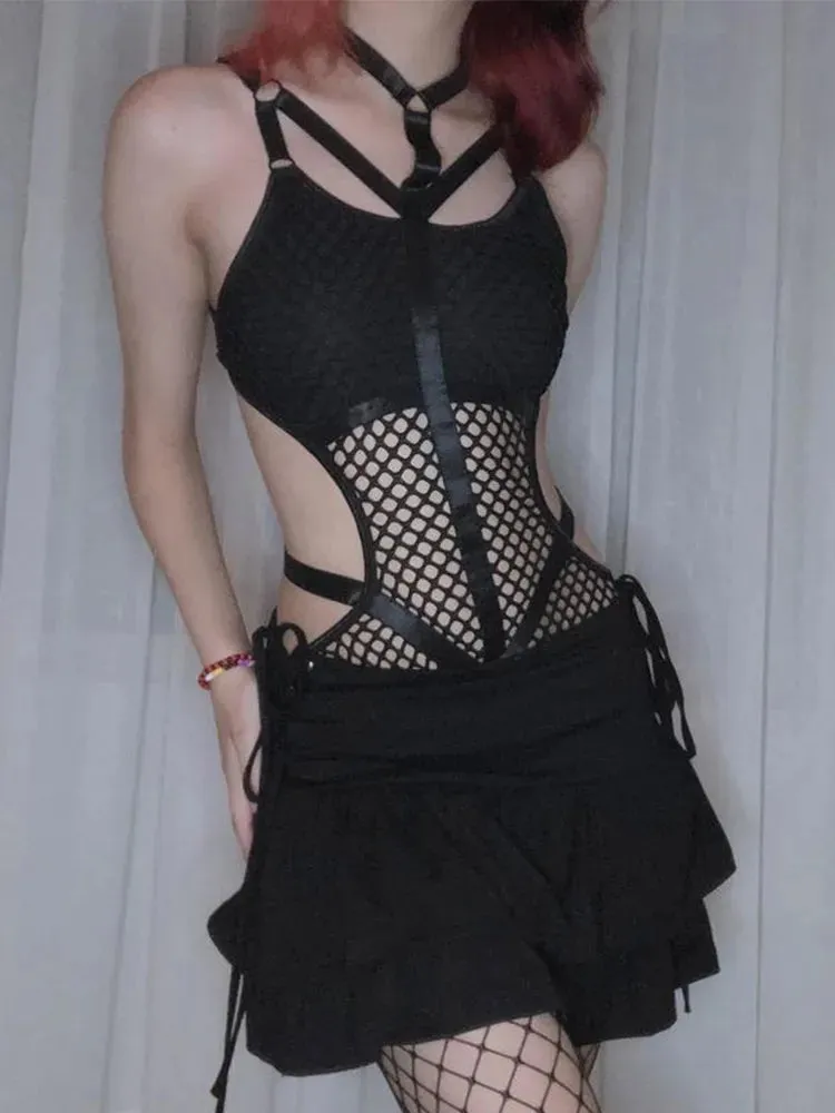 Nightshade Matrix Bodysuit - AltGoth Gothic Sexy Fishnet Jumpsuit Women Harajuku Streetwear Mall Goth See Through Bodysuit Nightclub Hollow Out Emo Rompers