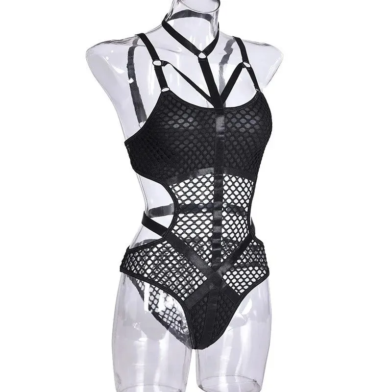 Nightshade Matrix Bodysuit - AltGoth Gothic Sexy Fishnet Jumpsuit Women Harajuku Streetwear Mall Goth See Through Bodysuit Nightclub Hollow Out Emo Rompers