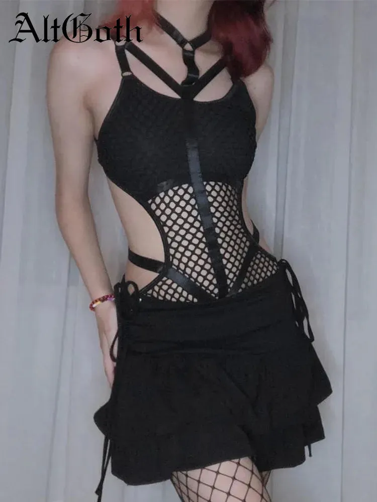 Nightshade Matrix Bodysuit - AltGoth Gothic Sexy Fishnet Jumpsuit Women Harajuku Streetwear Mall Goth See Through Bodysuit Nightclub Hollow Out Emo Rompers