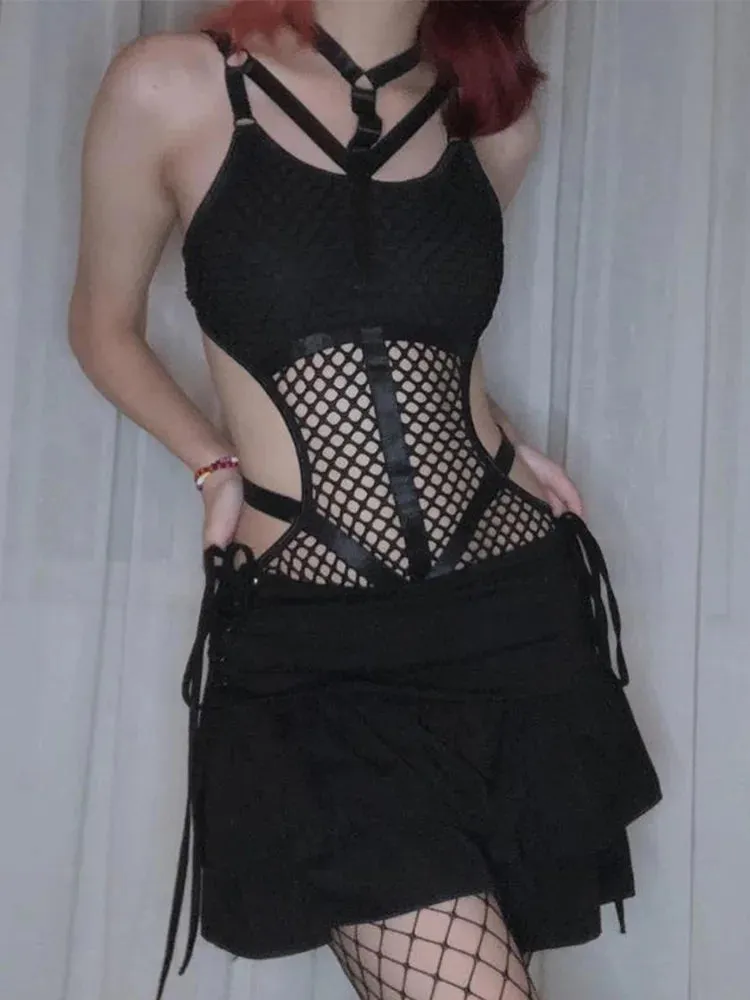 Nightshade Matrix Bodysuit - AltGoth Gothic Sexy Fishnet Jumpsuit Women Harajuku Streetwear Mall Goth See Through Bodysuit Nightclub Hollow Out Emo Rompers