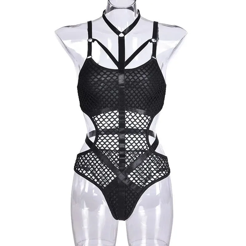 Nightshade Matrix Bodysuit - AltGoth Gothic Sexy Fishnet Jumpsuit Women Harajuku Streetwear Mall Goth See Through Bodysuit Nightclub Hollow Out Emo Rompers