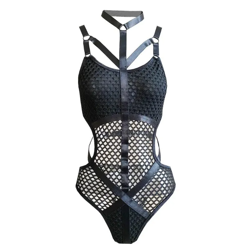 Nightshade Matrix Bodysuit - AltGoth Gothic Sexy Fishnet Jumpsuit Women Harajuku Streetwear Mall Goth See Through Bodysuit Nightclub Hollow Out Emo Rompers