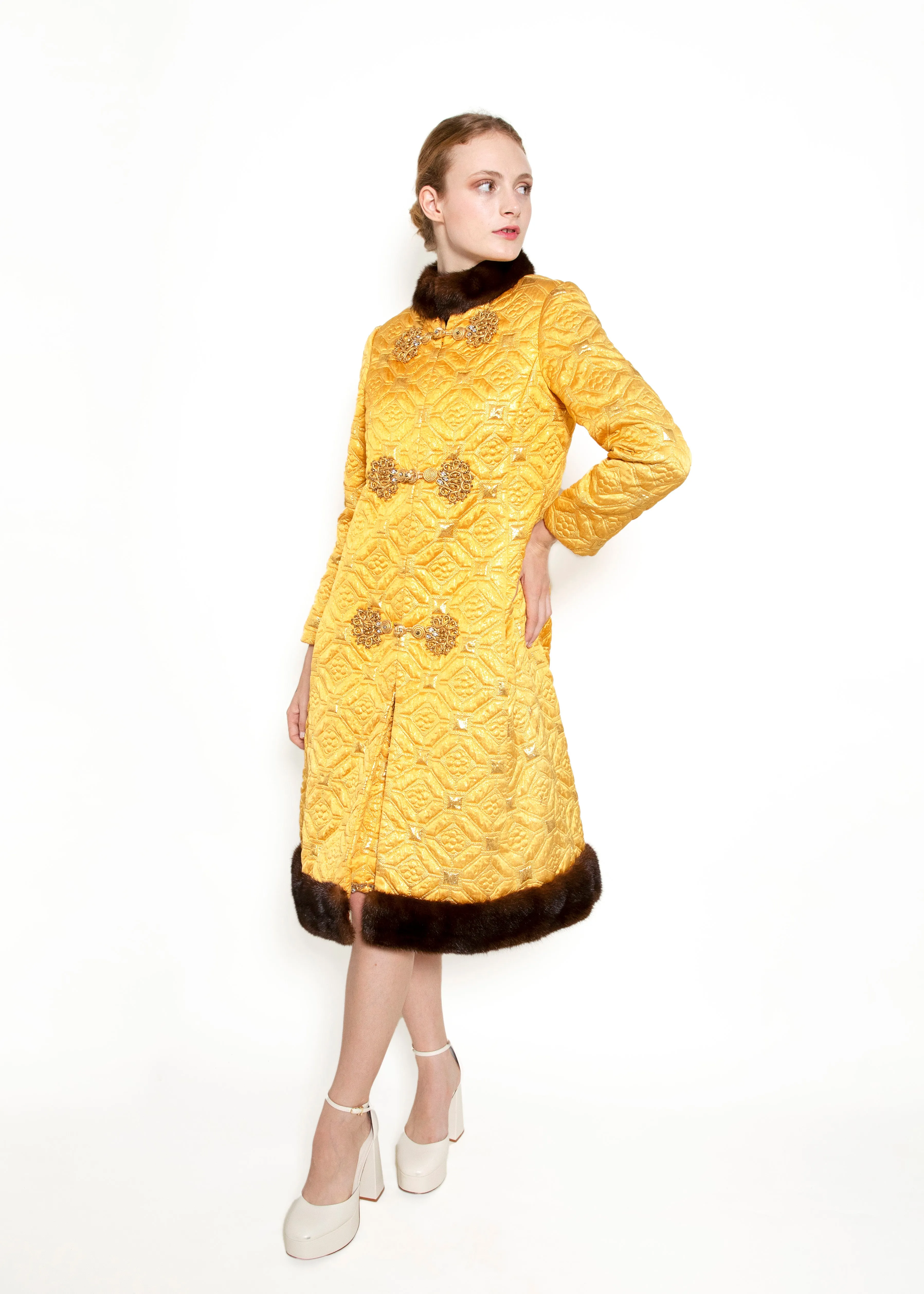 Oscar De La Renta 1968 Brocade Dress & Coat Mink Trim Set