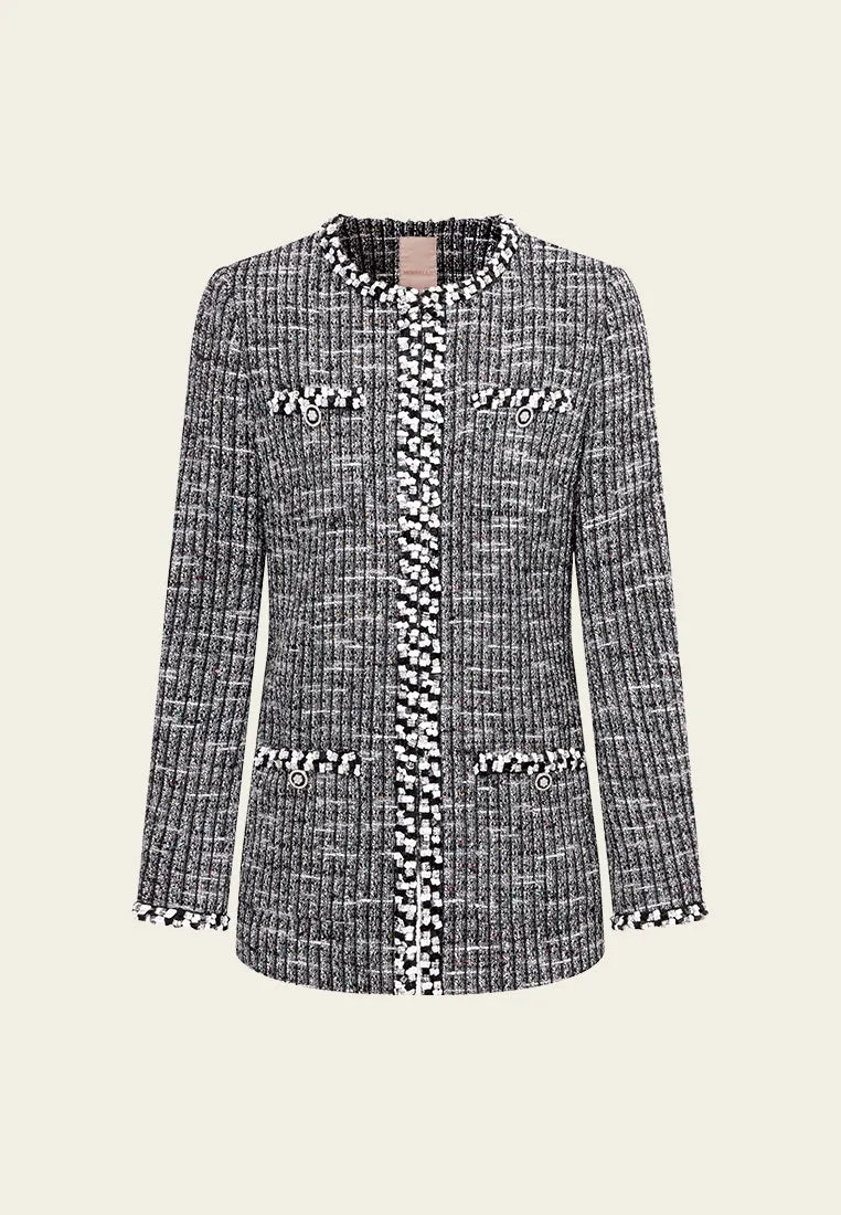Patch-pocket Ribbed-knit Mixed Tweed Short Coat