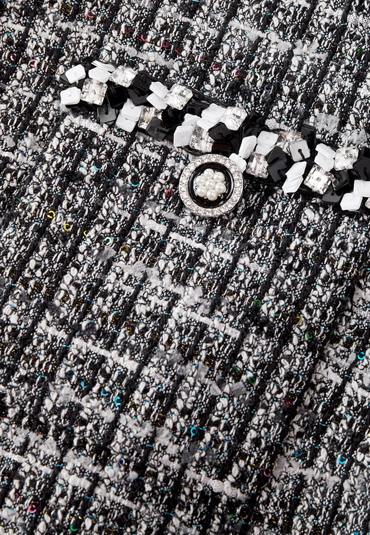 Patch-pocket Ribbed-knit Mixed Tweed Short Coat