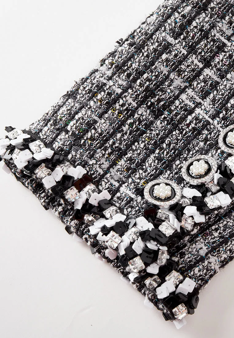 Patch-pocket Ribbed-knit Mixed Tweed Short Coat