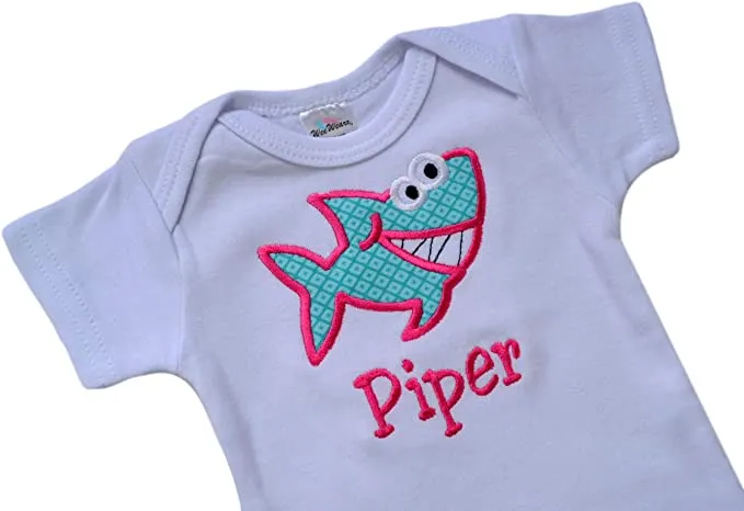 Personalized Embroidered Baby Shark Bodysuit with Your Custom Name for Girls
