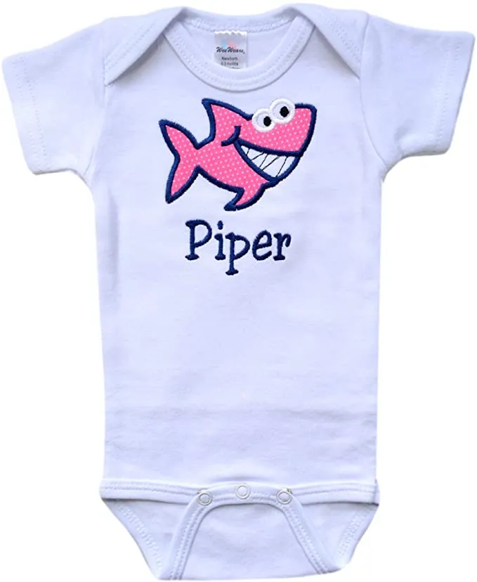 Personalized Embroidered Baby Shark Bodysuit with Your Custom Name for Girls