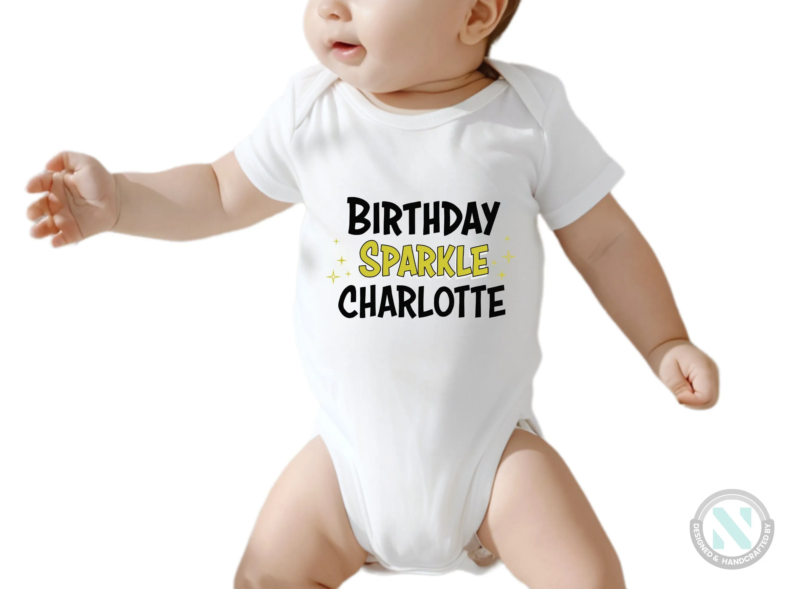 Personalized Girl Name Baby Bodysuit with "Birthday Sparkle" Gift