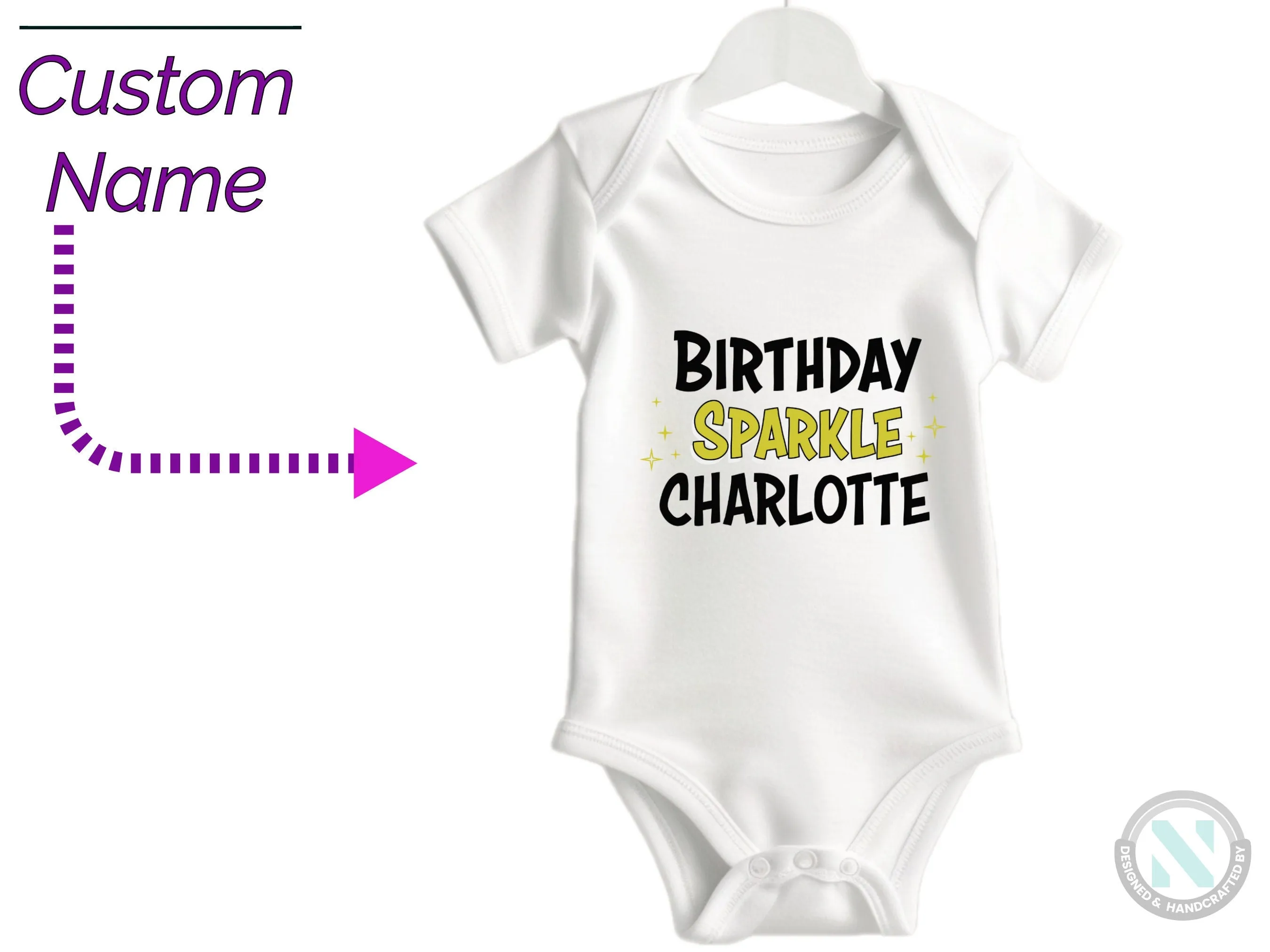 Personalized Girl Name Baby Bodysuit with "Birthday Sparkle" Gift