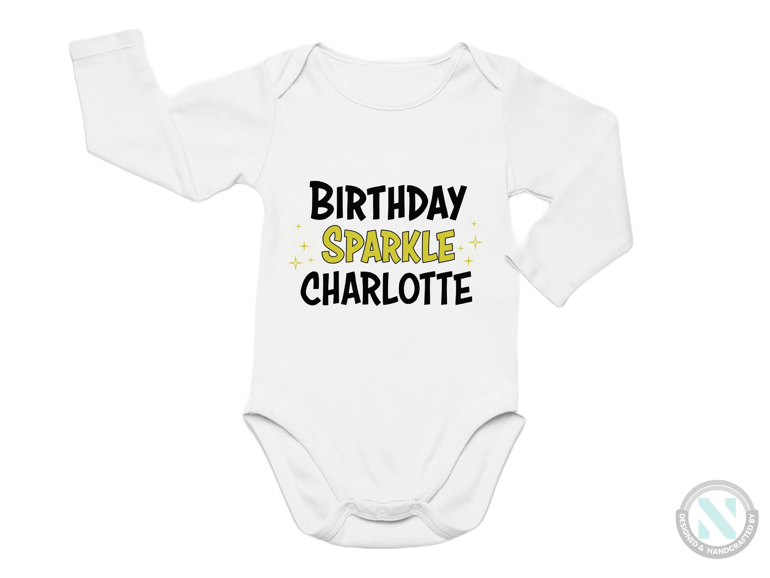 Personalized Girl Name Baby Bodysuit with "Birthday Sparkle" Gift