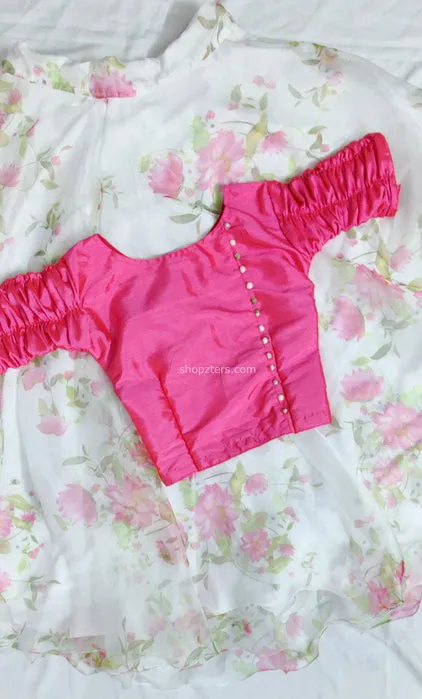 Pink Art Silk top with Floral Organza Skirt