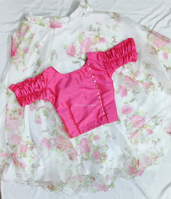 Pink Art Silk top with Floral Organza Skirt