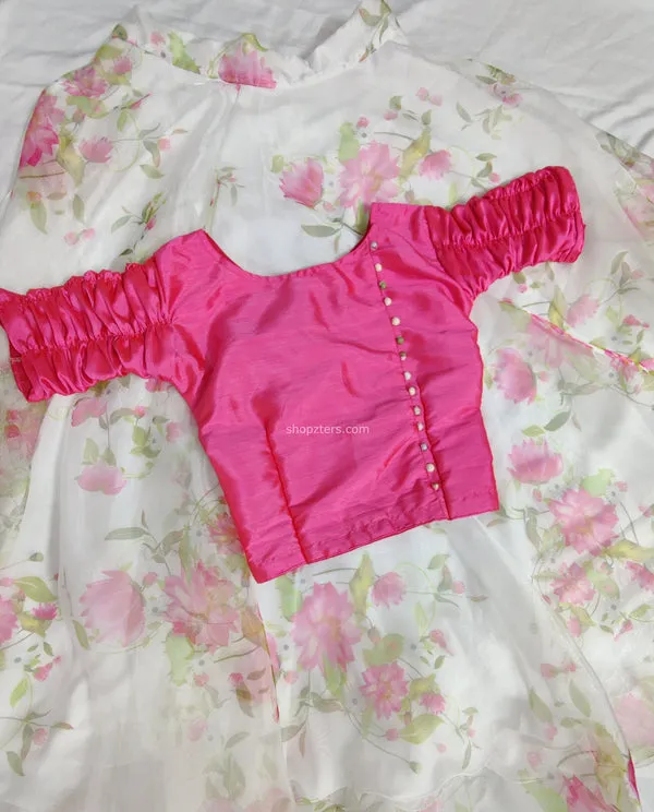 Pink Art Silk top with Floral Organza Skirt