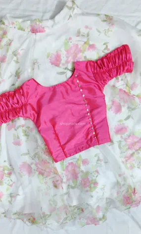Pink Art Silk top with Floral Organza Skirt