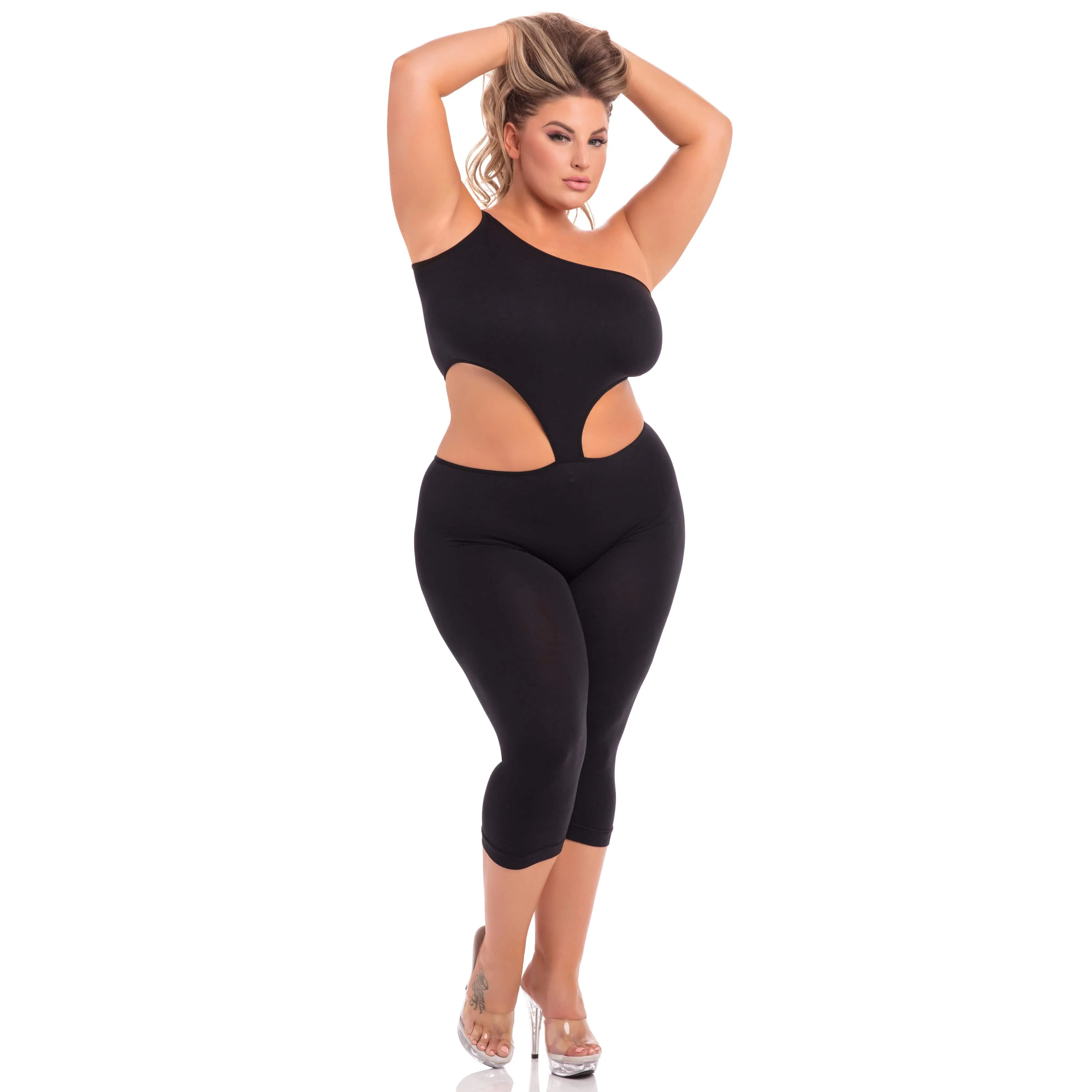 Pink Lipstick - One Shoulder Cropped Catsuit Bodystocking Costume